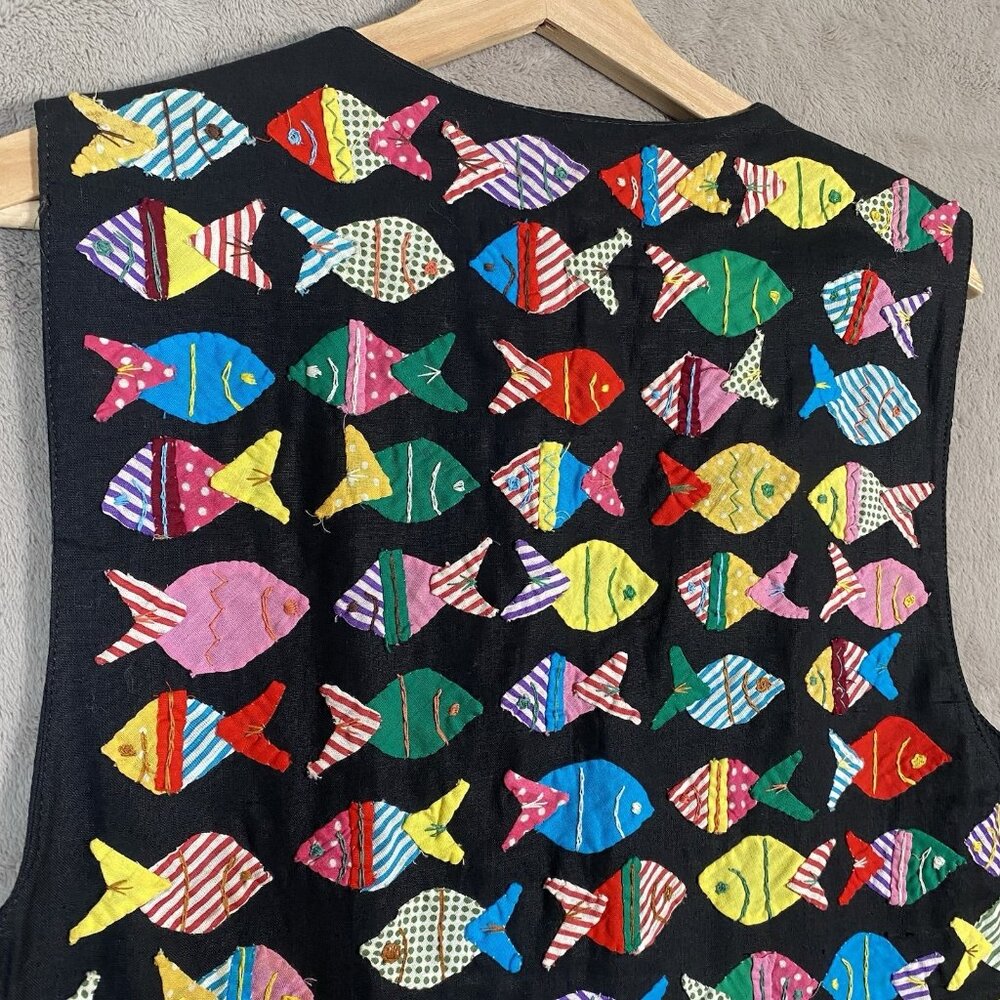 Vintage Artisan Fish Applique Vest M Folk Art to Wear Novelty Patchwork Colorful - Picture 10 of 15